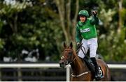 3 August 2023; Jockey Paul Townend celebrates on Zarak The Brave after winning the Guinness Galway Hurdle Handicap during day four of the Galway Races Summer Festival at Ballybrit Racecourse in Galway. Photo by Seb Daly/Sportsfile