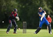 3 August 2023; Tim Tector of Leinster Lightning bats watched by Northern Knights wicketkeeper Neil Rock during the Rario Inter-Provincial Trophy 2023 match between Leinster Lightning and Northern Knights at Pembroke Cricket Club in Dublin. Photo by Sam Barnes/Sportsfile