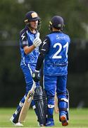 3 August 2023; Tim Tector of Leinster Lightning, left, is congratulated by team-mate Simi Singh after bringing up  his half century of runs during the Rario Inter-Provincial Trophy 2023 match between Leinster Lightning and Northern Knights at Pembroke Cricket Club in Dublin. Photo by Sam Barnes/Sportsfile