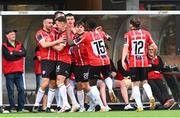 3 August 2023; Michael Duffy of Derry City, left, celebrates with teammates after scoring their side's third goal during the UEFA Europa Conference League Second Qualifying Round Second Leg match between KuPS and Derry City at the Väre Areena in Kuopio, Finland. Photo by Jussi Eskola/Sportsfile