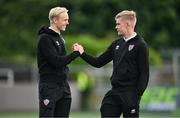 3 August 2023; Bjarni Aðalsteinsson, left, and Dušan Brkovic of KA before the UEFA Europa Conference League Second Qualifying Round Second Leg match between Dundalk and KA at Oriel Park in Dundalk, Louth. Photo by Ben McShane/Sportsfile