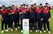 3 August 2023; Neil Rock of Northern Knights lifts the Rario Inter-Provincial Trophy after the Rario Inter-Provincial Trophy 2023 match between Leinster Lightning and Northern Knights at Pembroke Cricket Club in Dublin. Photo by Sam Barnes/Sportsfile