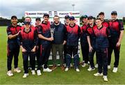 3 August 2023; The Northern Knights team pictured with Cricket Ireland board member and NCU Rep Michael Humphreys and the Rario Inter-Provincial Trophy after the Rario Inter-Provincial Trophy 2023 match between Leinster Lightning and Northern Knights at Pembroke Cricket Club in Dublin. Photo by Sam Barnes/Sportsfile