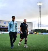 3 August 2023; Keith Ward, right, and new Dundalk signing Sam Durrant before the UEFA Europa Conference League Second Qualifying Round Second Leg match between Dundalk and KA at Oriel Park in Dundalk, Louth. Photo by Ben McShane/Sportsfile