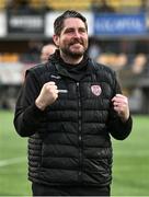 3 August 2023; Derry City head coach Ruaidhrí Higgins celebrates after his side's aggregate victory in the UEFA Europa Conference League Second Qualifying Round Second Leg match between KuPS and Derry City at the Väre Areena in Kuopio, Finland. Photo by Jussi Eskola/Sportsfile