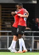 3 August 2023; Adam O'Reilly of Derry City, left, and teammate Sadou Diallo celebrate after their side's aggregate victory in the UEFA Europa Conference League Second Qualifying Round Second Leg match between KuPS and Derry City at the Väre Areena in Kuopio, Finland. Photo by Jussi Eskola/Sportsfile
