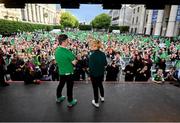 3 August 2023; Radio Presenter Dave Moore, left, and Manager Vera Pauw during a Republic of Ireland homecoming event on O'Connell Street in Dublin following the FIFA Women's World Cup 2023. Photo by Stephen McCarthy/Sportsfile