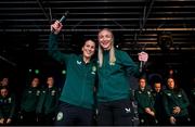3 August 2023; Niamh Fahey, left, and Louise Quinn during a Republic of Ireland homecoming event on O'Connell Street in Dublin following the FIFA Women's World Cup 2023. Photo by David Fitzgerald/Sportsfile