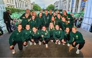 3 August 2023; The Republic of Ireland squad pose for a photograph with Lord Mayor of Dublin Daithí de Róiste during a Republic of Ireland homecoming event on O'Connell Street in Dublin following the FIFA Women's World Cup 2023. Photo by Stephen McCarthy/Sportsfile