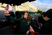 3 August 2023; Chloe Mustaki takes a photograph with supporters during a Republic of Ireland homecoming event on O'Connell Street in Dublin following the FIFA Women's World Cup 2023. Photo by Stephen McCarthy/Sportsfile