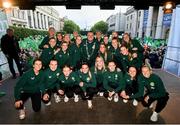 3 August 2023; The Republic of Ireland squad pose for a photograph with Lord Mayor of Dublin Daithí de Róiste during a Republic of Ireland homecoming event on O'Connell Street in Dublin following the FIFA Women's World Cup 2023. Photo by Stephen McCarthy/Sportsfile