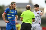 3 August 2023; Referee Walter Altmann in conversation with Jóan Edmundsson of KA, left, and Ryan O'Kane of Dundalk during the UEFA Europa Conference League Second Qualifying Round Second Leg match between Dundalk and KA at Oriel Park in Dundalk, Louth. Photo by Ben McShane/Sportsfile