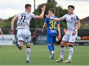 3 August 2023; John Martin of Dundalk celebrates with teammate Ryan O'Kane, right, who assisted, after scoring their side's first goal during the UEFA Europa Conference League Second Qualifying Round Second Leg match between Dundalk and KA at Oriel Park in Dundalk, Louth. Photo by Ben McShane/Sportsfile