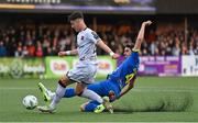 3 August 2023; Ryan O'Kane of Dundalk is tackled by Rodrigo Gomes Mateo of KA during the UEFA Europa Conference League Second Qualifying Round Second Leg match between Dundalk and KA at Oriel Park in Dundalk, Louth. Photo by Ben McShane/Sportsfile