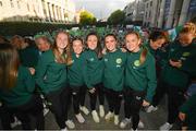 3 August 2023; Republic of Ireland players, from left, Courtney Brosnan, Harriet Scott, Louise Quinn, Jamie Finn, and Heather Payne during a Republic of Ireland homecoming event on O'Connell Street in Dublin following the FIFA Women's World Cup 2023. Photo by Stephen McCarthy/Sportsfile