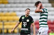 3 August 2023; Johnny Kenny of Shamrock Rovers reacts to a missed shot on goal during the UEFA Europa Conference League Second Qualifying Round Second Leg match between Shamrock Rovers and Ferencvaros at Tallaght Stadium in Dublin. Photo by Harry Murphy/Sportsfile