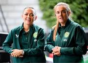 3 August 2023; Katie McCabem left, and Grace Moloney during a Republic of Ireland homecoming event on O'Connell Street in Dublin following the FIFA Women's World Cup 2023. Photo by Stephen McCarthy/Sportsfile