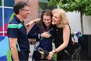 3 August 2023; Roisin Ni Riain of Ireland with her parents Seosamh O Riain and Marian Conroy after winning Gold in the Women's 100m Backstroke S13 Final during day four of the World Para Swimming Championships 2023 at Manchester Aquatics Centre in Manchester. Photo by Paul Greenwood/Sportsfile