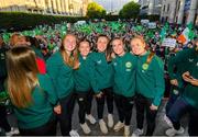 3 August 2023; Republic of Ireland players, from left, Courtney Brosnan, Harriet Scott, Louise Quinn, Jamie Finn, and Heather Payne during a Republic of Ireland homecoming event on O'Connell Street in Dublin following the FIFA Women's World Cup 2023. Photo by Stephen McCarthy/Sportsfile