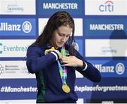 3 August 2023; Roisin Ni Riain of Ireland with her Gold medal after winning the Women's 100m Backstroke S13 Final during day four of the World Para Swimming Championships 2023 at Manchester Aquatics Centre in Manchester. Photo by Paul Greenwood/Sportsfile