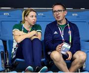 4 August 2023; Chartered physiotherapist Elizabeth Melvin, left, and team doctor Martin McConaghy, in the stands during day five of the World Para Swimming Championships 2023 at Manchester Aquatics Centre in Manchester. Photo by Paul Greenwood/Sportsfile