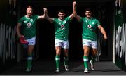 4 August 2023; Ireland debutants, from left, Ciaran Frawley, Calvin Nash and Tom Stewart during an Ireland rugby captain's run at the Aviva Stadium in Dublin. Photo by Harry Murphy/Sportsfile