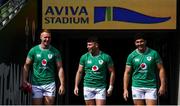 4 August 2023; Ireland debutants, from left, Ciaran Frawley, Calvin Nash and Tom Stewart during an Ireland rugby captain's run at the Aviva Stadium in Dublin. Photo by Harry Murphy/Sportsfile