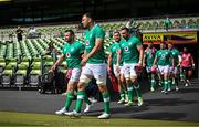 4 August 2023; Cian Healy, left, and Tadhg Beirne walk out for an Ireland rugby captain's run at the Aviva Stadium in Dublin. Photo by Harry Murphy/Sportsfile