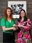 4 August 2023; Louise Ní Mhuircheartaigh of Kerry, left, is presented with The Croke Park/LGFA Player of the Month award for July 2023 by Ina Lazar, Sales Manager, The Croke Park, at The Croke Park in Jones Road, Dublin. Louise is currently top scorer in the TG4 All-Ireland Senior Championship with 2-24 as Kerry prepare to face Dublin in the Final on Sunday August 13. During the month of July, Louise scored 0-5 against Cavan, 0-3 in the quarter-final victory over Meath, and 1-10 against Mayo last Saturday, July 29, in an outstanding individual display at Semple Stadium, Thurles, in the 2023 semi-final. Photo by Brendan Moran/Sportsfile