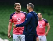 4 August 2023; Head coach Andy Farrell speaks to Iain Henderson during an Ireland rugby captain's run at the Aviva Stadium in Dublin. Photo by Harry Murphy/Sportsfile