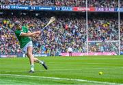 23 July 2023; Diarmaid Byrnes of Limerick takes a sideline cut during the GAA Hurling All-Ireland Senior Championship final match between Kilkenny and Limerick at Croke Park in Dublin. Photo by Piaras Ó Mídheach/Sportsfile