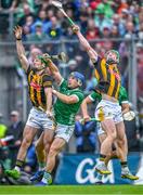 23 July 2023; Mike Casey of Limerick in action against Eoin Cody, left, and Martin Keoghan of Kilkenny during the GAA Hurling All-Ireland Senior Championship final match between Kilkenny and Limerick at Croke Park in Dublin. Photo by Piaras Ó Mídheach/Sportsfile