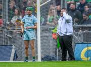 23 July 2023; Umpire Tommy Redmond in conversation with Limerick goalkeeper Nickie Quaid during the GAA Hurling All-Ireland Senior Championship final match between Kilkenny and Limerick at Croke Park in Dublin. Photo by Piaras Ó Mídheach/Sportsfile