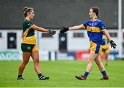 28 July 2023; Rachel Talbot of Australasia and Niamh O'Brien of Parnells shake hands before the LGFA Open Cup Final Rachel Kenneally Cup match between Australasia and Parnells on day five of the FRS Recruitment GAA World Games 2023 at Celtic Park in Derry. Photo by Piaras Ó Mídheach/Sportsfile
