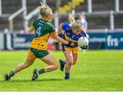 28 July 2023; Catriona McGahan of Parnells in action against Cassie Moane of Australasia the LGFA Open Cup Final Rachel Kenneally Cup match between Australasia and Parnells on day five of the FRS Recruitment GAA World Games 2023 at Celtic Park in Derry. Photo by Piaras Ó Mídheach/Sportsfile