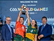 28 July 2023; Australasia celebrate with the cup after the LGFA Open Cup Final Rachel Kenneally Cup match between Australasia and Parnells on day five of the FRS Recruitment GAA World Games 2023 at Celtic Park in Derry. Photo by Piaras Ó Mídheach/Sportsfile