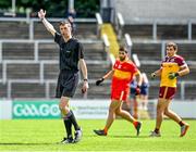28 July 2023; Referee Conor Daly during the Men's Football International Division 2 Cup Final Sperrins Cup match between Gasconha and Siroc on day five of the FRS Recruitment GAA World Games 2023 at Celtic Park in Derry. Photo by Piaras Ó Mídheach/Sportsfile