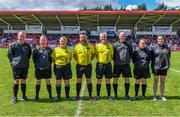 28 July 2023; Match officials before the LGFA International Cup Final Rebecca Dowling Cup Final match between Charlotte James Connolly's and Canada on day five of the FRS Recruitment GAA World Games 2023 at Celtic Park in Derry. Photo by Piaras Ó Mídheach/Sportsfile