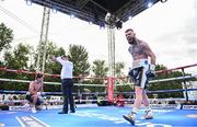 4 August 2023; Lewis Crocker celebrates defeating Greyvin Mendoza via TKO in Round 4 during their welterweight bout during the Féile Fight Night at Falls Park in Belfast. Photo by Ramsey Cardy/Sportsfile