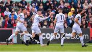 4 August 2023; Evan Weir of Drogheda United, second from left, celebrates with teammates after scoring their side's first goal during the SSE Airtricity Men's Premier Division match between Bohemians and Drogheda United at Dalymount Park in Dublin. Photo by Seb Daly/Sportsfile