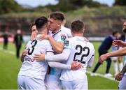 4 August 2023; Evan Weir of Drogheda United celebrates with teammates after scoring his side's first goal during the SSE Airtricity Men's Premier Division match between Bohemians and Drogheda United at Dalymount Park in Dublin. Photo by John Sheridan/Sportsfile