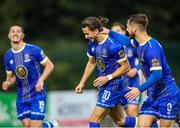 4 August 2023; Conor Parsons of Waterford centre, celebrates after scoring his side's first goal during the SSE Airtricity Men's First Division match between Waterford and Kerry at RSC in Waterford. Photo by Michael P Ryan/Sportsfile