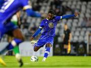 4 August 2023; Roland Idowu of Waterford shoots to score his side's second goal during the SSE Airtricity Men's First Division match between Waterford and Kerry at RSC in Waterford. Photo by Michael P Ryan/Sportsfile