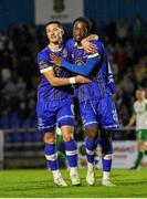 4 August 2023; Roland Idowu of Waterford, right, celebrates after scoring his side's second goal with teammate Ronan Coughlan during the SSE Airtricity Men's First Division match between Waterford and Kerry at RSC in Waterford. Photo by Michael P Ryan/Sportsfile