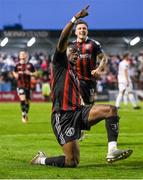 4 August 2023; Jonathan Afolabi of Bohemians celebrates after scoring his side's third goal, a penalty, during the SSE Airtricity Men's Premier Division match between Bohemians and Drogheda United at Dalymount Park in Dublin. Photo by Seb Daly/Sportsfile