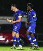 4 August 2023; Ronan Coughlan of Waterford, left, celebrates after scoring his side's third goal with teammate Serge Atakayi during the SSE Airtricity Men's First Division match between Waterford and Kerry at RSC in Waterford. Photo by Michael P Ryan/Sportsfile