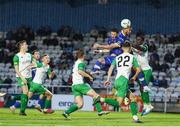 4 August 2023; Ronan Coughlan of Waterford has a header on goal during the SSE Airtricity Men's First Division match between Waterford and Kerry at RSC in Waterford. Photo by Michael P Ryan/Sportsfile