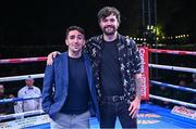 4 August 2023; Promoter Jamie Conlan, left, and boxer Tyrone McKenna during the Féile Fight Night at Falls Park in Belfast. Photo by Ramsey Cardy/Sportsfile