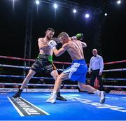 4 August 2023; Steed Woodall, right, and Padraig McCrory, left, during their super-middleweight bout during the Féile Fight Night at Falls Park in Belfast. Photo by Ramsey Cardy/Sportsfile