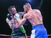 4 August 2023; Padraig McCrory, left, and Steed Woodall, right, during their super-middleweight bout during the Féile Fight Night at Falls Park in Belfast. Photo by Ramsey Cardy/Sportsfile
